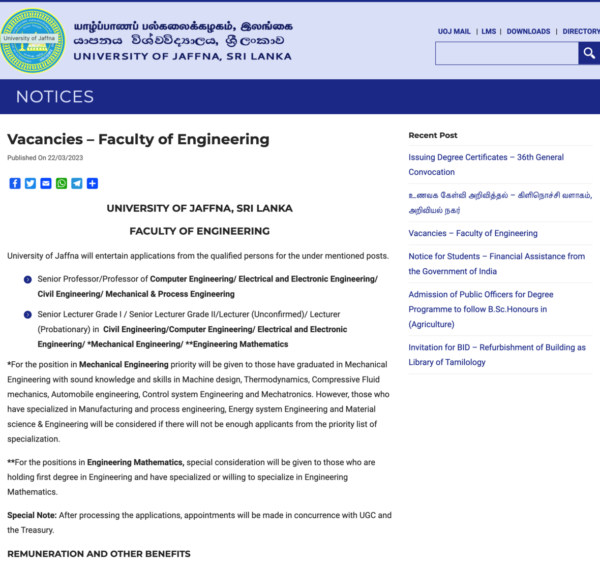 Vacancies: Faculty of Engineering UNIVERSITY OF JAFFNA