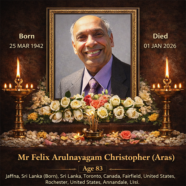 Obituary of Mr. Felix Arulnayagam Christopher (Aras), Former President of the Illankai Tamil Sangam
