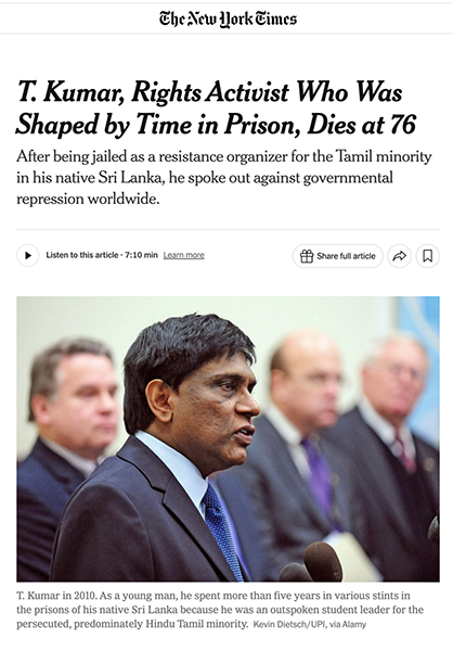 NYT: T. Kumar, Rights Activist Who Was Shaped by Time in Prison, Dies at 76