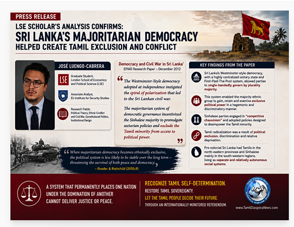 Tamil Diaspora News: LSE Scholar’s Analysis Confirms Sri Lanka’s Majoritarian Democracy Helped Create Tamil Exclusion and Conflict