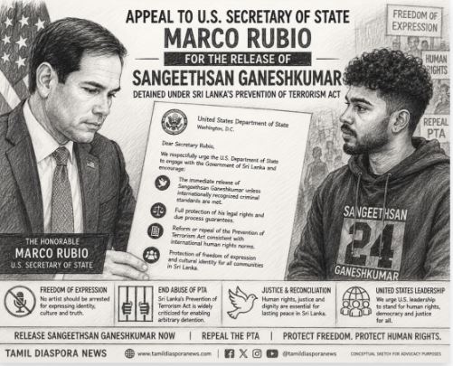 தமிழ் கலைஞர் சங்கீத்சன் கணேஸ்குமாரை உடனடியாக விடுதலை செய்ய அமெரிக்க வெளியுறவுத்துறை செயலாளர் மார்கோ ரூபியோவிடம் கோரிக்கை
